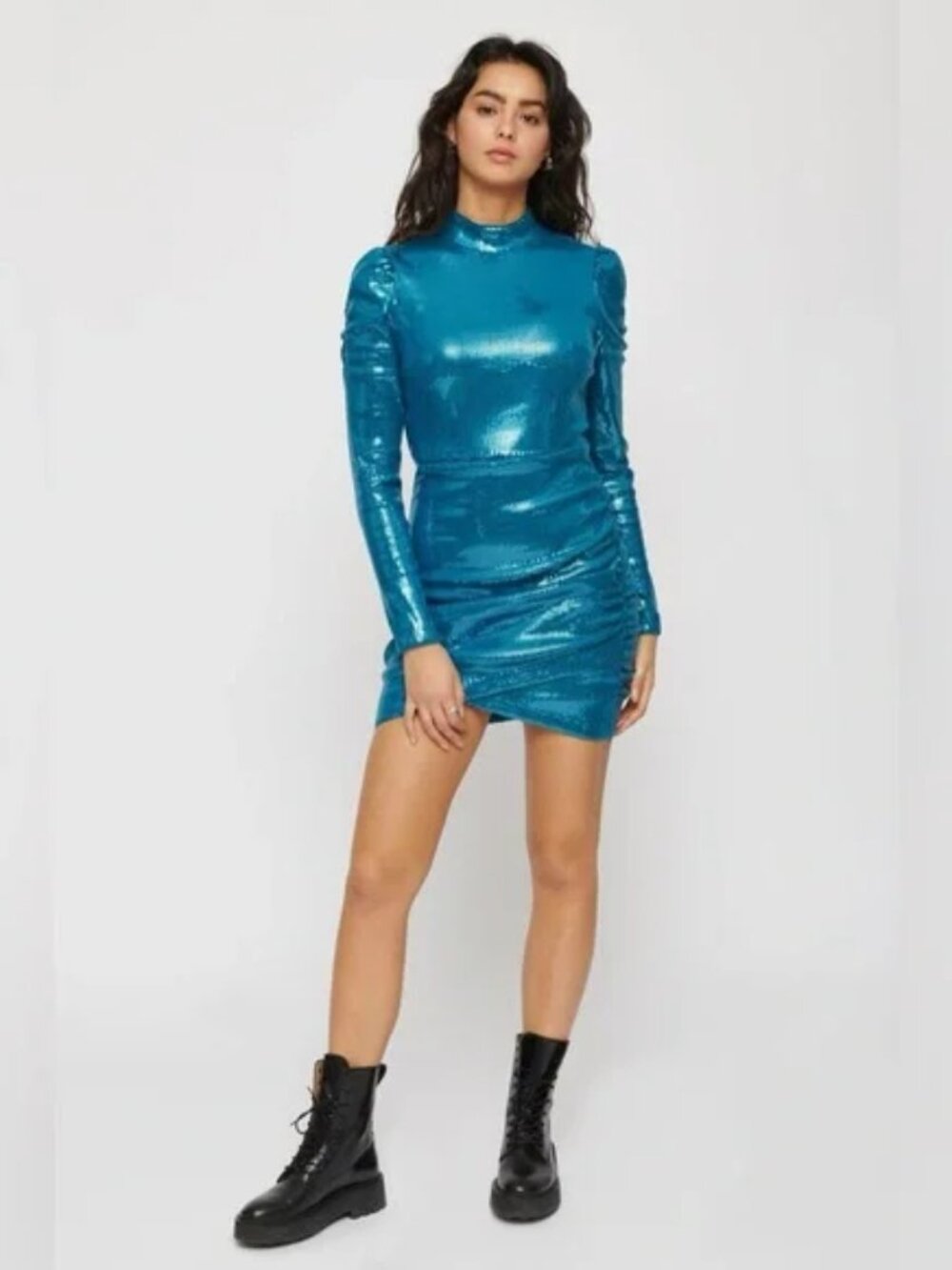 NWT Dynamite Edie Blue Sequin Mock Turtle Neck Long Sleeve Dress